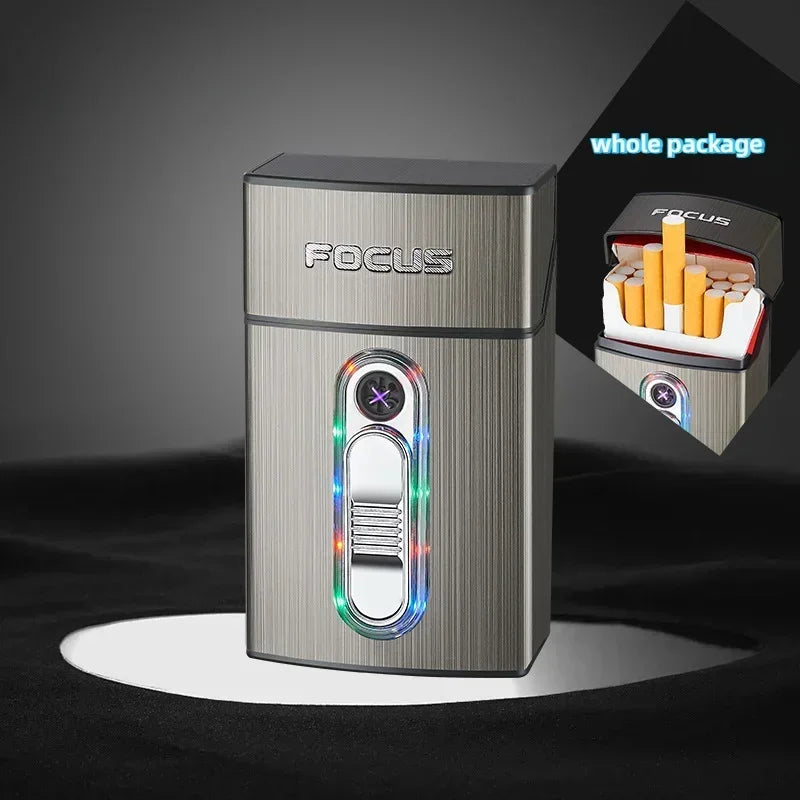 Cool Colorful Light Double Arc Lighter Cigarette Case, Type-C Fast Charging Cigarette Case, 20-pack Standard Cigarette Case
